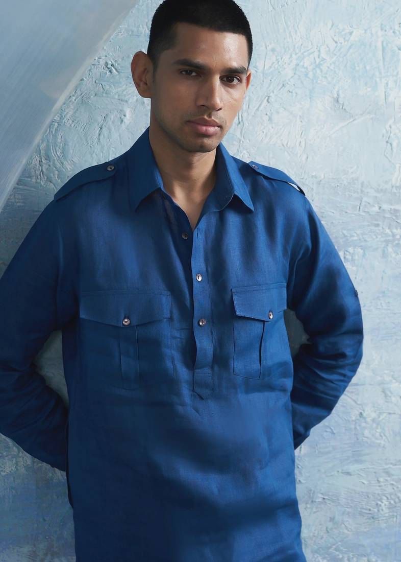 Buy blue cotton pathani kurta pajama set