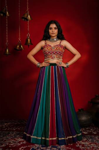 navratri multi-color georgette lehenga choli with gota patti & mirror work gamthi blouse- full stitched free size