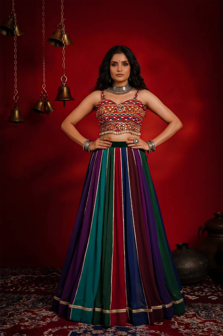 navratri multi-color georgette lehenga choli with gota patti & mirror work gamthi blouse- full stitched free size