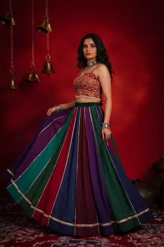 navratri multi-color georgette lehenga choli with gota patti & mirror work gamthi blouse- full stitched free size