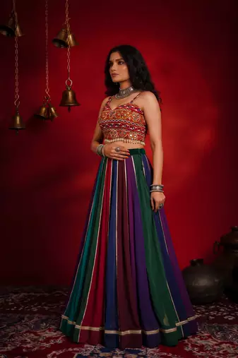 navratri multi-color georgette lehenga choli with gota patti & mirror work gamthi blouse- full stitched free size