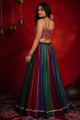 navratri multi-color georgette lehenga choli with gota patti & mirror work gamthi blouse- full stitched free size
