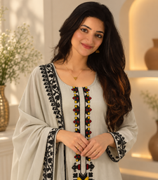 grey color thread work rayon satin kurta palazzo set