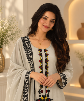 grey color thread work rayon satin kurta palazzo set 2