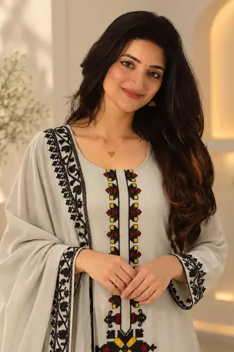 grey color thread work rayon satin kurta palazzo set