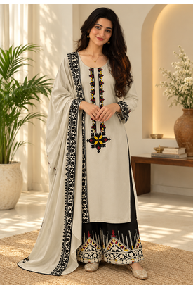 grey color thread work rayon satin kurta palazzo set 1