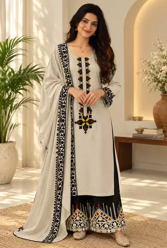 grey color thread work rayon satin kurta palazzo set
