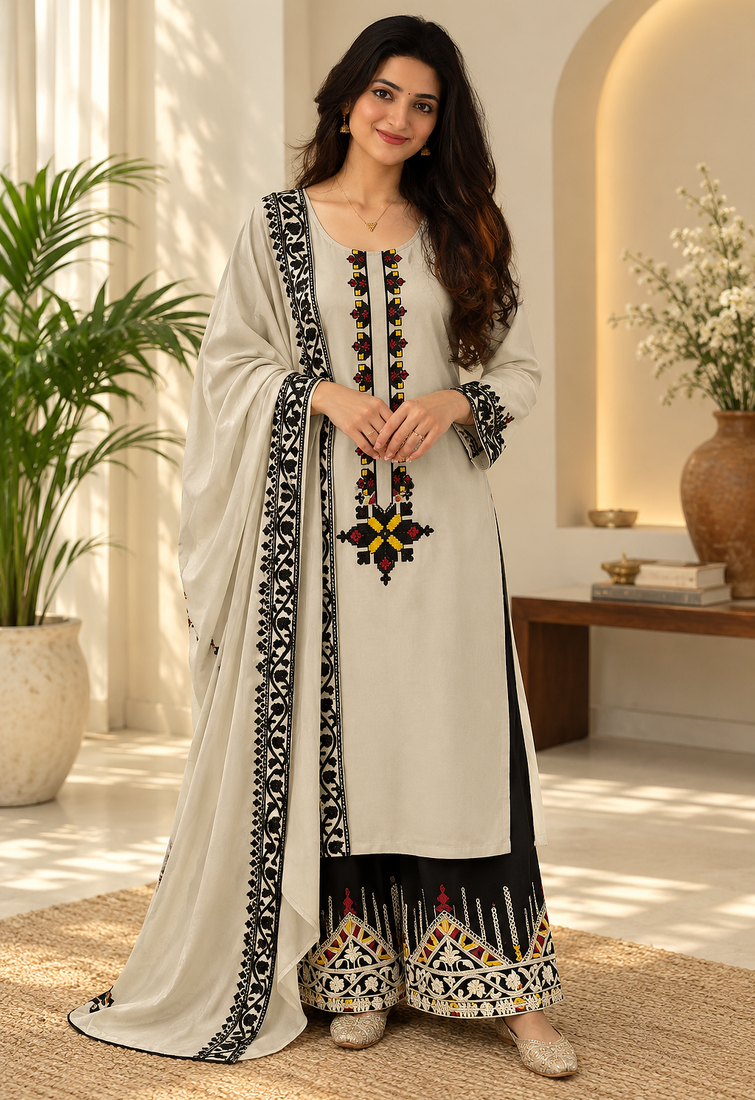 grey color thread work rayon satin kurta palazzo set