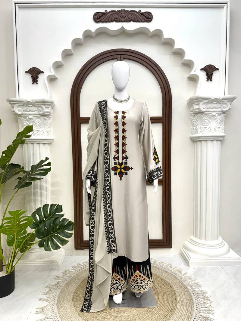 grey color thread work rayon satin kurta palazzo set