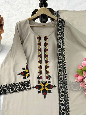 grey color thread work rayon satin kurta palazzo set 4