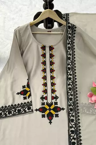 grey color thread work rayon satin kurta palazzo set