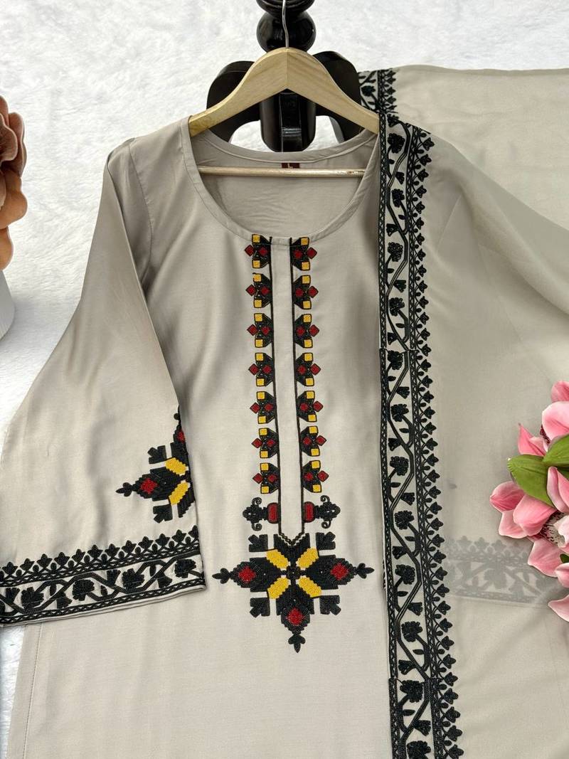grey color thread work rayon satin kurta palazzo set