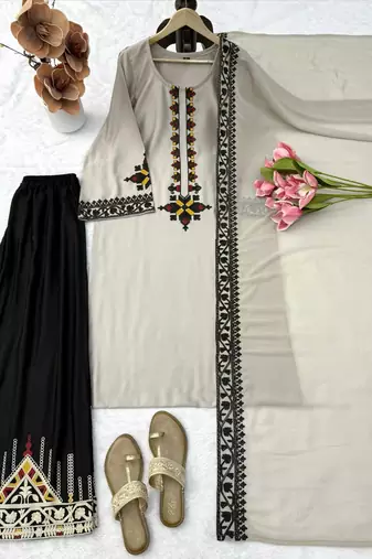 grey color thread work rayon satin kurta palazzo set