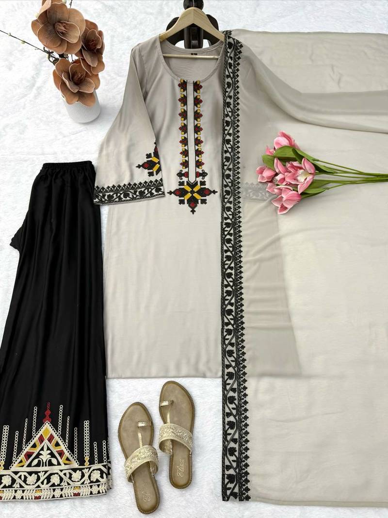 grey color thread work rayon satin kurta palazzo set