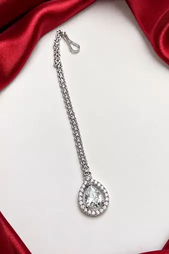 Silver Tone CZ Maang Tikka, Minimalist Bridal Forehead Pendant