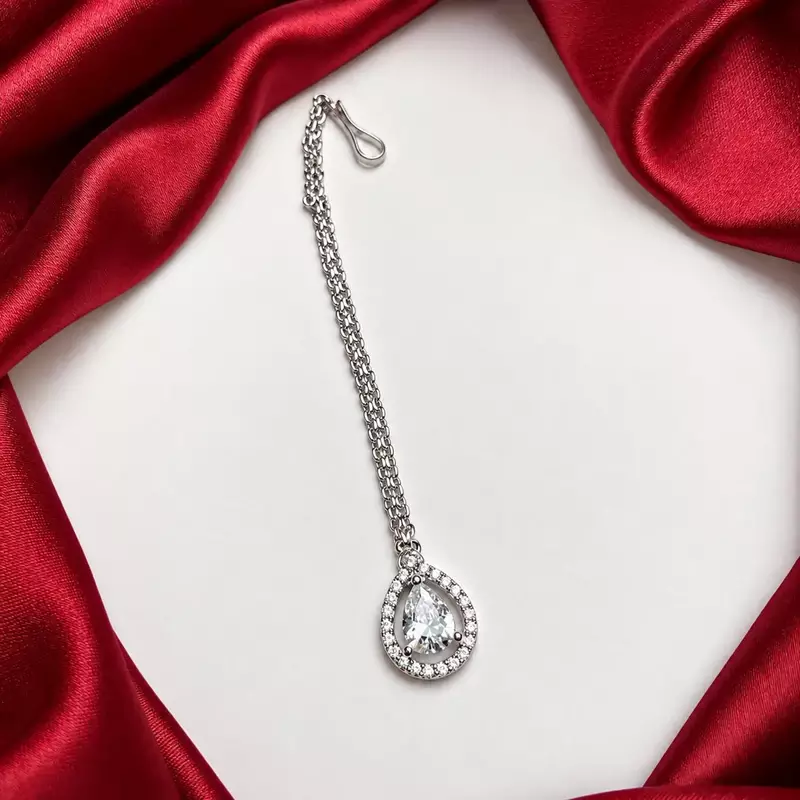 Silver Tone CZ Maang Tikka, Minimalist Bridal Forehead Pendant