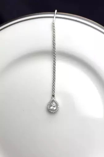 Silver Tone CZ Maang Tikka, Minimalist Bridal Forehead Pendant