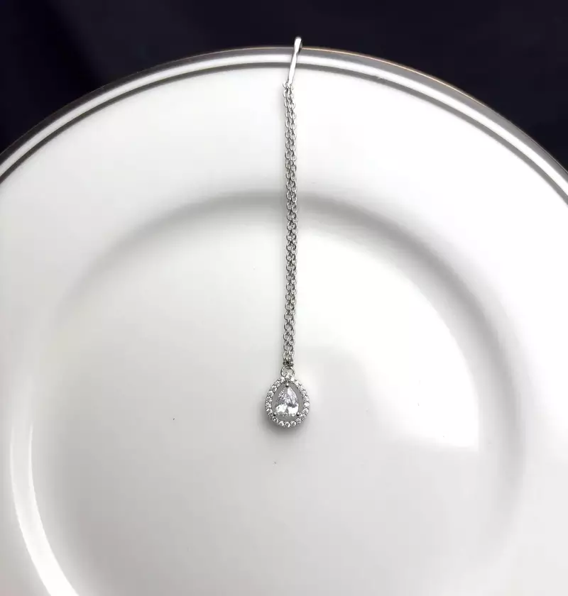 Silver Tone CZ Maang Tikka, Minimalist Bridal Forehead Pendant