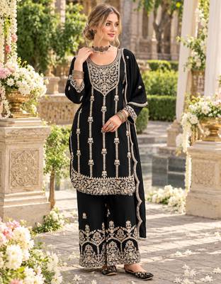 Black chinon semi stitched suit with embroidery & sequence work 1