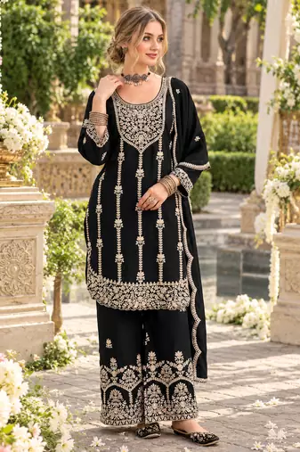 Black chinon semi stitched suit with embroidery & sequence work