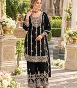 Black chinon semi stitched suit with embroidery & sequence work
