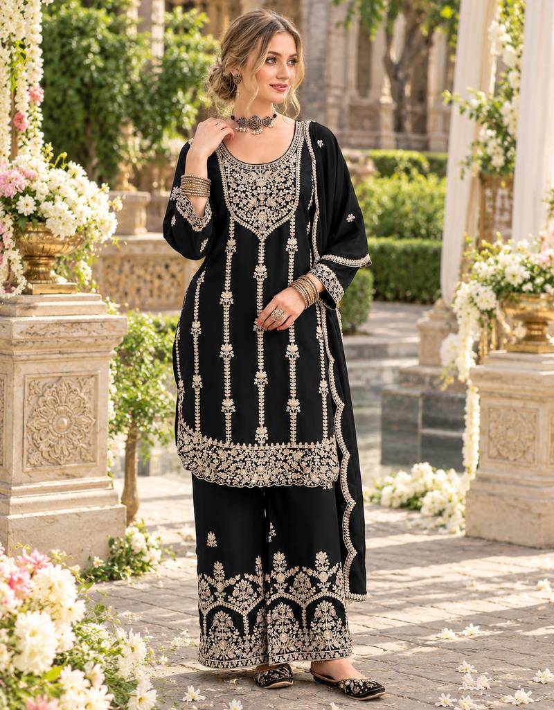 Black chinon semi stitched suit with embroidery & sequence work