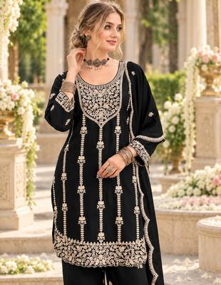 Black chinon semi stitched suit with embroidery & sequence work 2