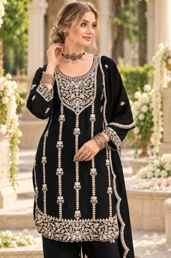 Black chinon semi stitched suit with embroidery & sequence work