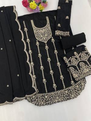 Black chinon semi stitched suit with embroidery & sequence work 3