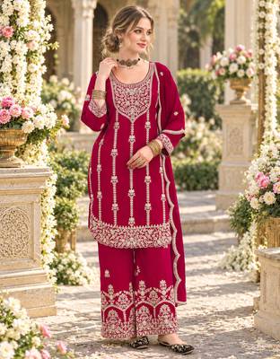 Dark magenta chinon semi stitched suit with embroidery & sequence work 1