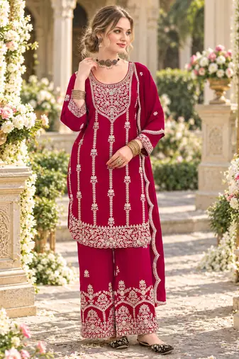 Dark magenta chinon semi stitched suit with embroidery & sequence work