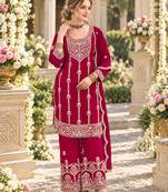 Dark magenta chinon semi stitched suit with embroidery & sequence work