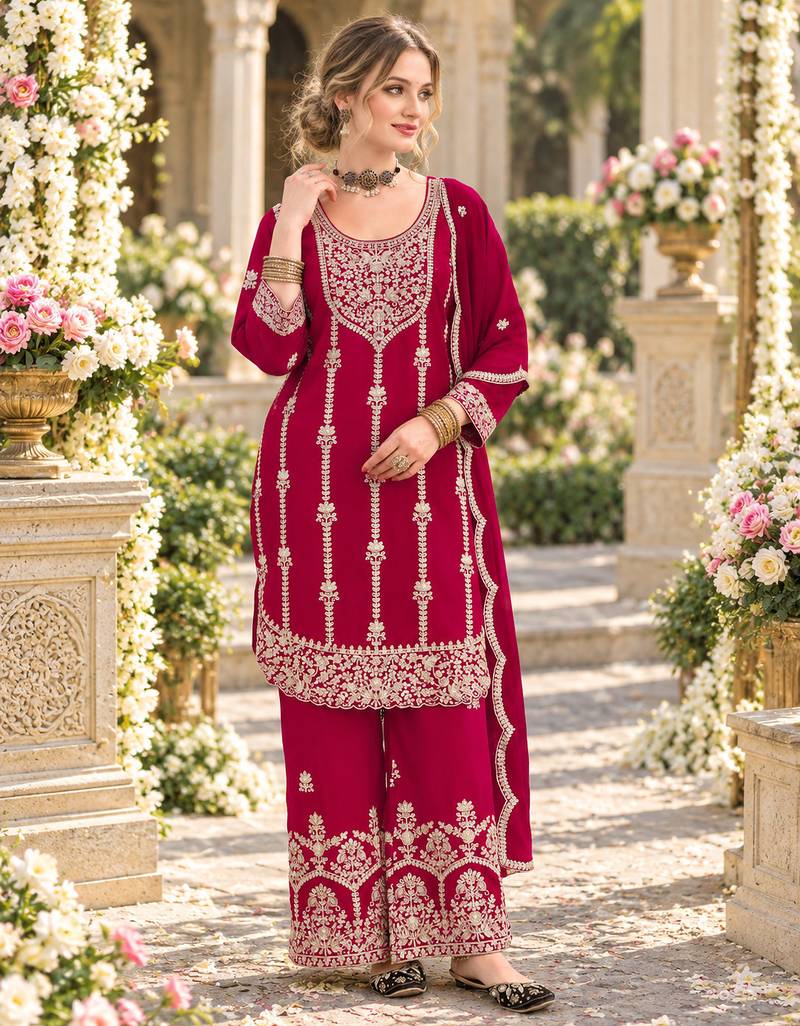 Dark magenta chinon semi stitched suit with embroidery & sequence work
