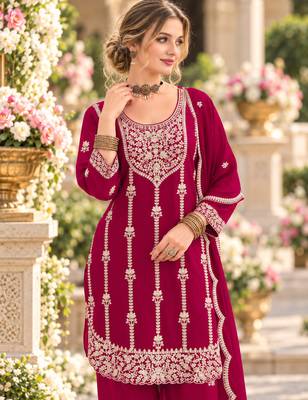 Dark magenta chinon semi stitched suit with embroidery & sequence work 2