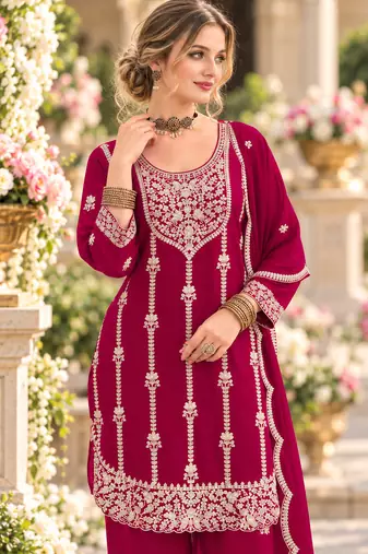 Dark magenta chinon semi stitched suit with embroidery & sequence work