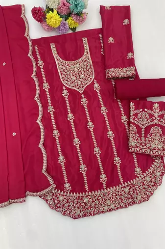 Dark magenta chinon semi stitched suit with embroidery & sequence work