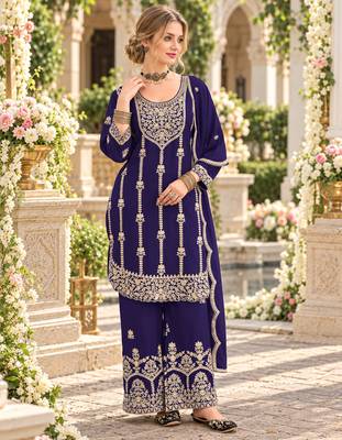 royal blue chinon semi stitched suit with embroidery & sequence work 1