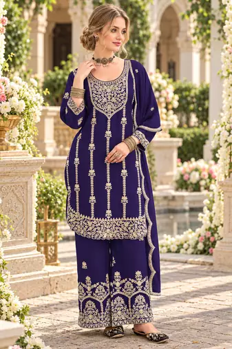 royal blue chinon semi stitched suit with embroidery & sequence work
