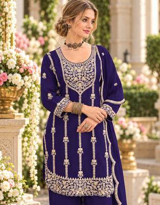 royal blue chinon semi stitched suit with embroidery & sequence work 2