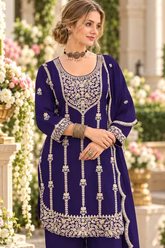 royal blue chinon semi stitched suit with embroidery & sequence work