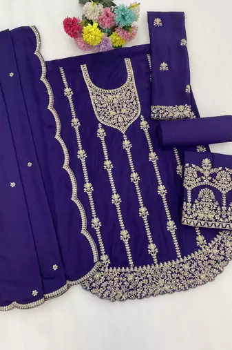 royal blue chinon semi stitched suit with embroidery & sequence work