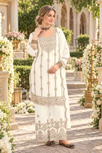 White chinon semi stitched suit with embroidery & sequence work