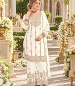 White chinon semi stitched suit with embroidery & sequence work