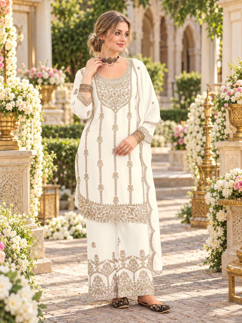 White chinon semi stitched suit with embroidery & sequence work