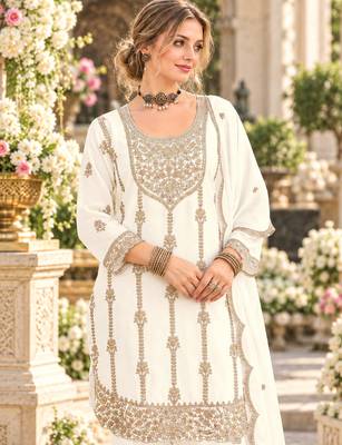 White chinon semi stitched suit with embroidery & sequence work 2