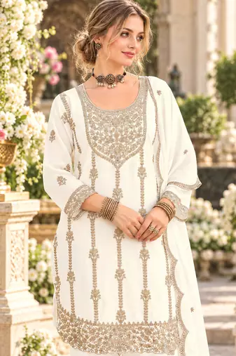 White chinon semi stitched suit with embroidery & sequence work