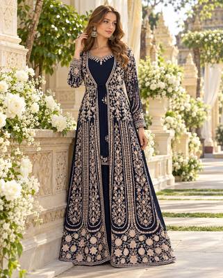 Navy chinon readymade anarkali suit with embroidery & sequence work 1