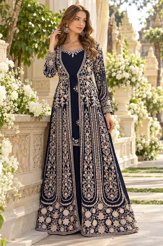 Navy chinon readymade anarkali suit with embroidery & sequence work