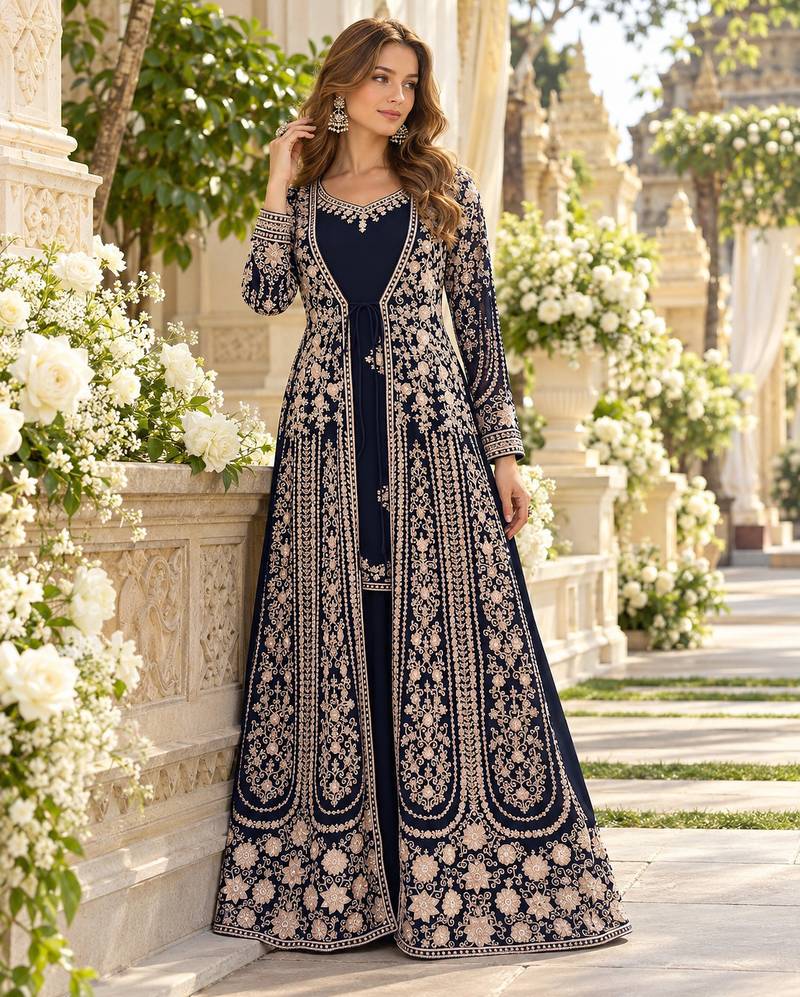 Navy chinon readymade anarkali suit with embroidery & sequence work