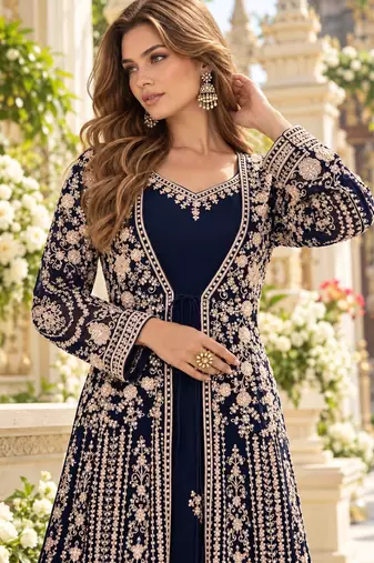 Navy chinon readymade anarkali suit with embroidery & sequence work